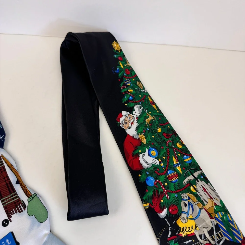 2 Vtg Holiday St Nicks Tie Shop Snowman Shape Santa Christmas Tree Polyester